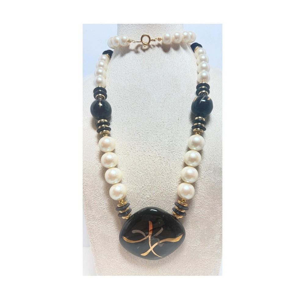 Black Gold Marbled Glass Bead Necklace Glass Pearl Statement Pendant 28 Inch